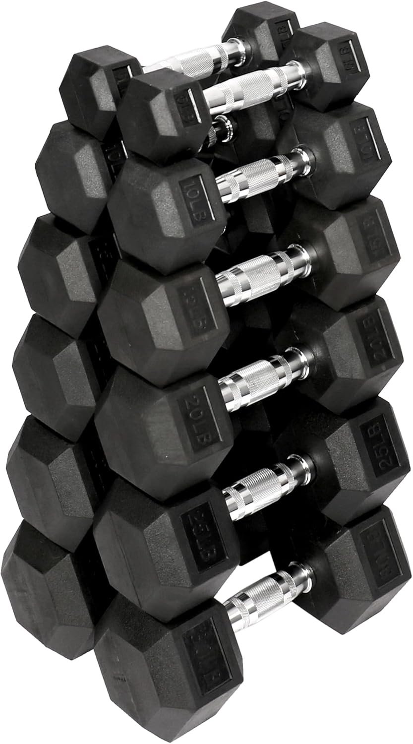Premium Rubber Coated Hex Dumbbell Weight Set and Storage Rack. Multiple Packages