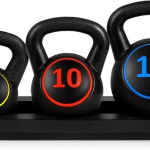 3-Piece Kettlebell Set with Storage Rack.  Coated Exercise Fitness Concrete Weights for Home Gym. Strength Training. HIIT Workout 5lb. 10lb. 15lb